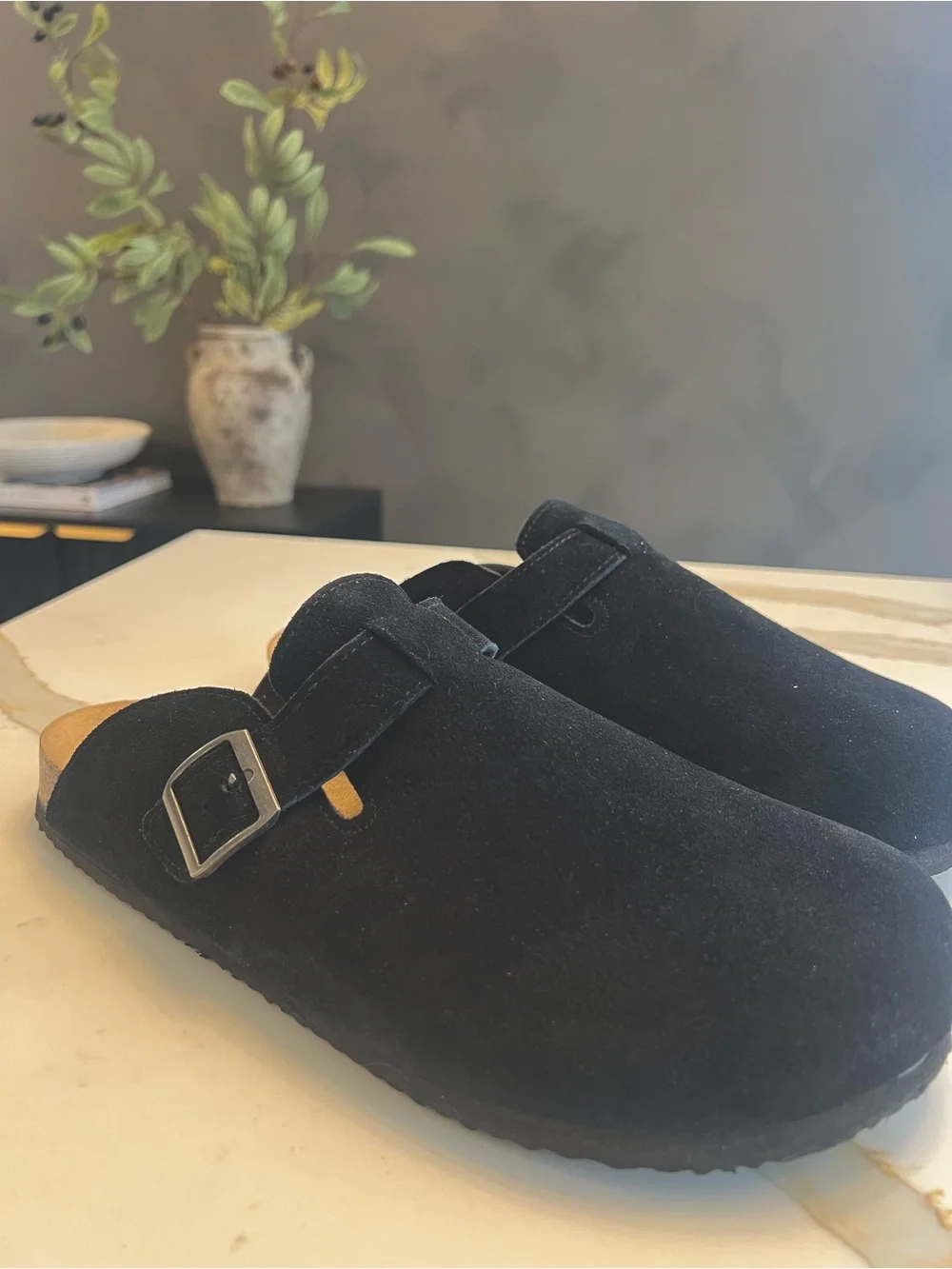 Khombu Men's Black Suede Slip-On Mule with Buckle